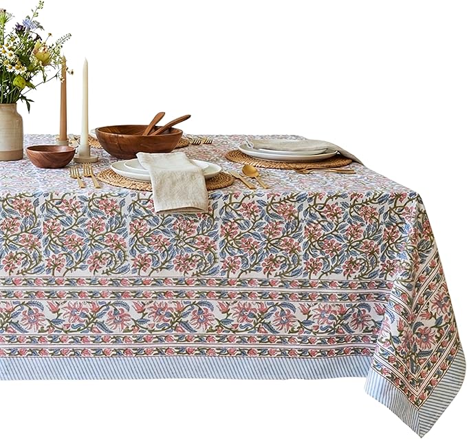 ATOSII Kalina 100% Cotton Rectangle Tablecloth, Handblock Floral Linen Table Cloth for Kitchen Dining Table I Parties Wedding Outdoors I Home Decor 60 X 90 Inches