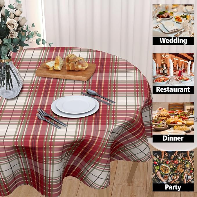 Christmas Tablecloth Round 60 Inch Red and Green Buffalo Plaid Circle Table Cloth Xmas Holiday Checkered Table Cover for Kitchen Dinner Home Decor