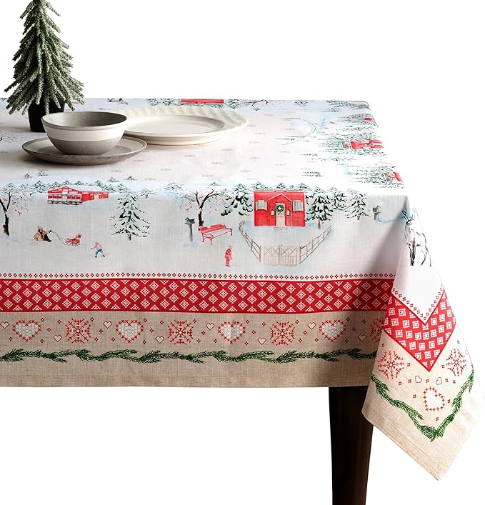 Maison d' Hermine Table Cloth Rectangle Table 100% Cotton 70 x 120 Inches Fall Tablecloth Reusable Everyday Use for Thanksgiving Christmas Decorations Dining Farmhouse Party (Rural Christmas)