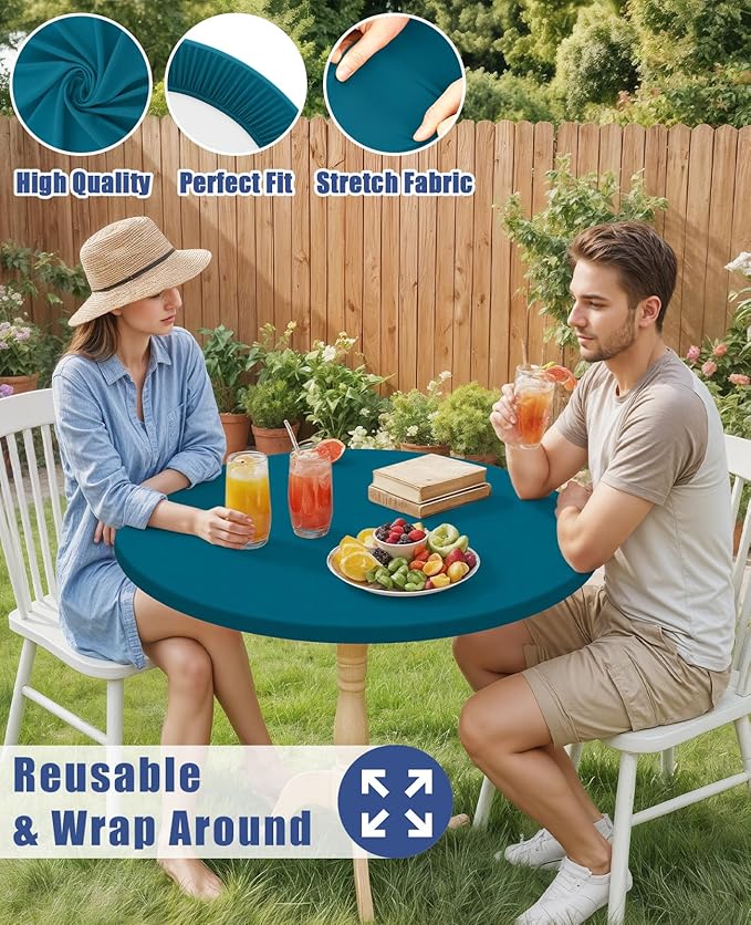 Round Spandex Tablecloth, Elastic Fitted Waterproof Tablecloths for 57"-68" Tables, Stretch Washable Picnic Table Cover for Camping, Dining, Indoor and Outdoor,Peacock Blue