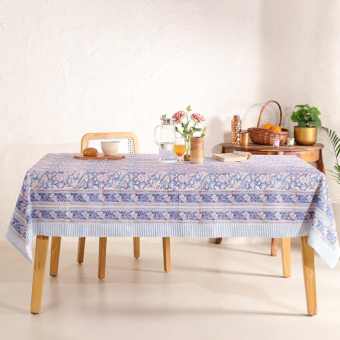 Hand Block Printed Table Cover - Exquisite Design, Premium Cotton Fabric, Perfect for Dining and Decor, Dining Table Linen (Flamingo Bloom Gray, 6 Seater 60 x 90 Inches Rectangle)