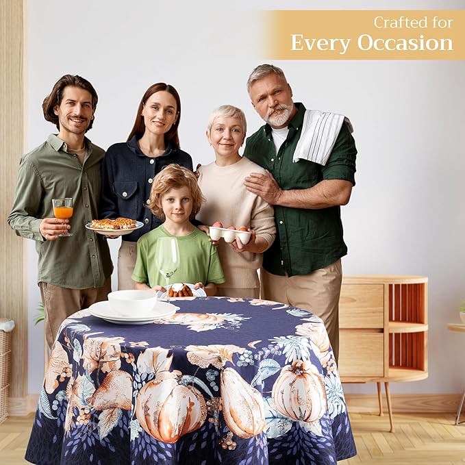 Maison d' Hermine Table Cloth Round Table 100% Cotton 63 Inches Fall Tablecloth Reusable Everyday Use for Thanksgiving Christmas Decorations Dining Farmhouse Party (Pumpkin Blues)