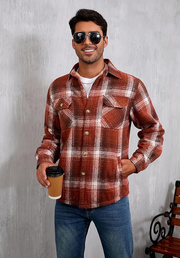 Men's Cotton Sherpa Lined Button Down Flannel Shirt Jacket Plaid Soft Outdoor Flannel Jacket Shirt