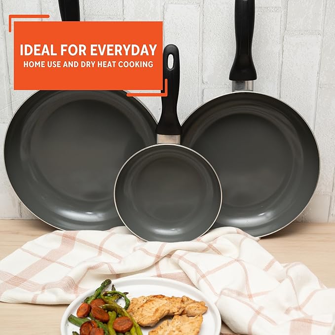 IMUSA Ceramic Nonstick Frying Pan Set, 3-Piece – 7”, 9” & 11” Gray Aluminum Skillets with Cool-Touch Handles – Ideal for Sautéing, Stir-Frying & Searing– Healthy Non-Stick Cookware for Home Kitchen