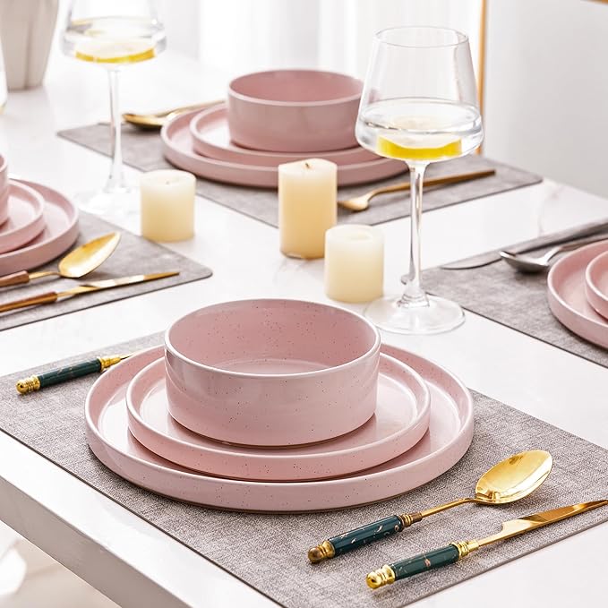 AmorArc Ceramic Dinnerware Set for 6 | Speckled Stoneware Plates and Bowls with Rustic Terracotta Underside| Scratch Resistant,Dishwasher & Microwave Safe Dishes Sets- 18pcs Pink