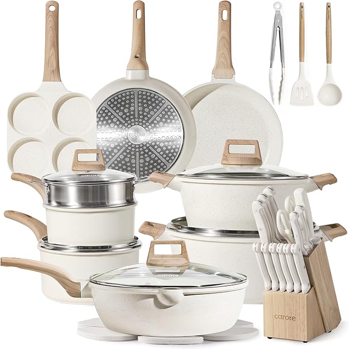 CAROTE ICE 35pcs Pots and Pans Set, Nonstick Cookware Sets, White Granite Induction Cookware with Kitchen Knife Set