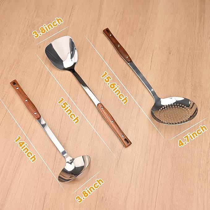 FJNATINH Spatula and Ladle Set, Heat-Resistant Wok Utensils, Stainless Steel Kitchen Utensils for Serving, Cooking, Soup, Set of 3