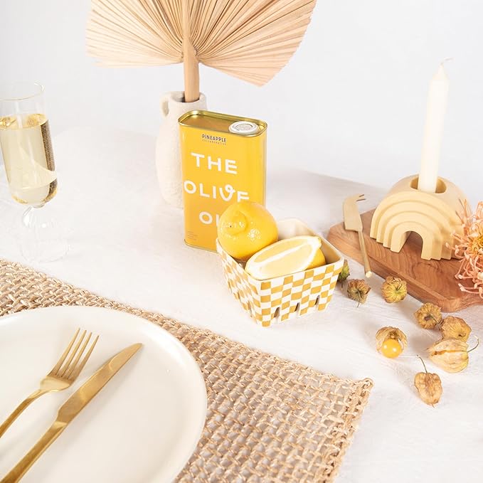 MONDAY MOOSE Farmhouse Rustic Picnic Style Decoration Rectangle Natural Stonewashed Cotton Tablecloth for Kitchen, Dining Room, Restaurant (55x70 inch, White/Mustard)