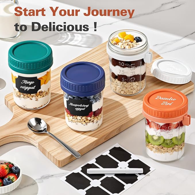 4 Pack Overnight Oats Containers with Lids and Spoons, 16 oz Airtight Oatmeal Container with Measurement Marks, Overnight Oats Jars for Cereal Fruit Vegetable Milk Salad Yogurt Meal Prep