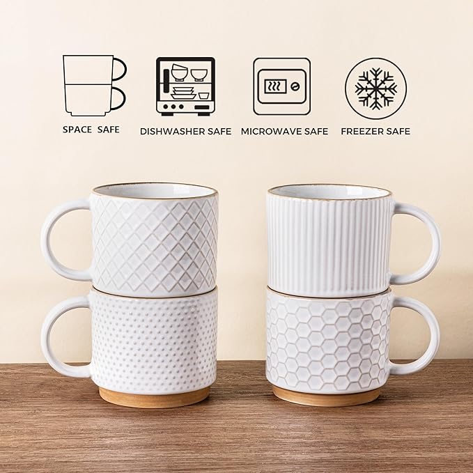 GBhome 6OZ Stackable Coffee Mugs with Stand and Saucer, Ceramic Coffee Mugs Set of 4 with Texture Patterns for Man,Woman,Dad,Mom, Modern Coffee Cups for Latte/Espresso. Dishwasher&Microwave Safe