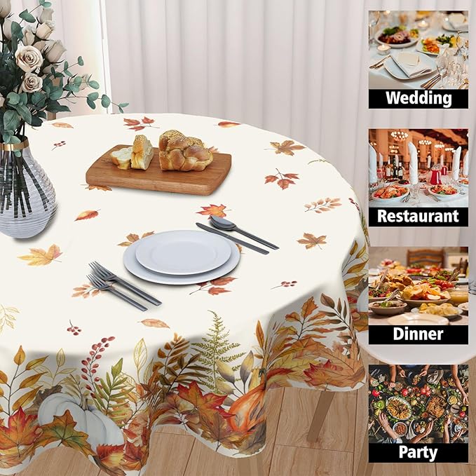 Fall Tablecloth Round 60 Inch Thanksgiving Autumn Harvest Orange Pumpkin Maple Leaves Table Cloth Rustic Farmhouse Table Cover for Kitchen Dinner Home Decor