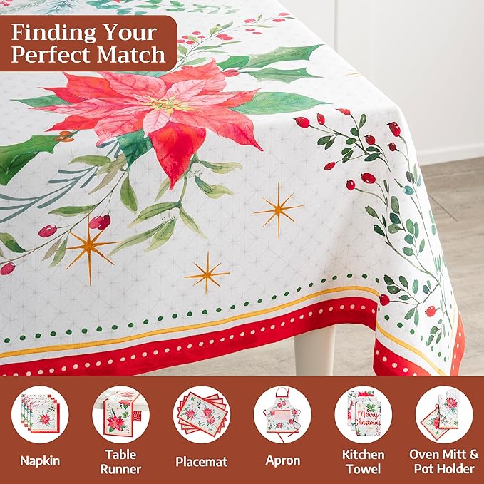 Maison d' Hermine Table Cloth Rectangle Table 100% Cotton 60 x 108 Inches Fall Tablecloth Reusable Everyday Use for Thanksgiving Christmas Decorations Dining Farmhouse Party (Poinsettia Christmas)