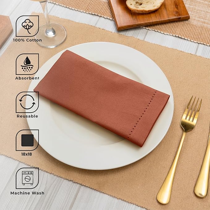Blue Needles Set of 12 Hemstitch Linen Napkins 100% Cotton Rust Cloth Dinner Napkins 18x18 inches, Soft, Reusable, Absorbent, Washable, Ideal for Wedding Events, Parties & Everyday Use