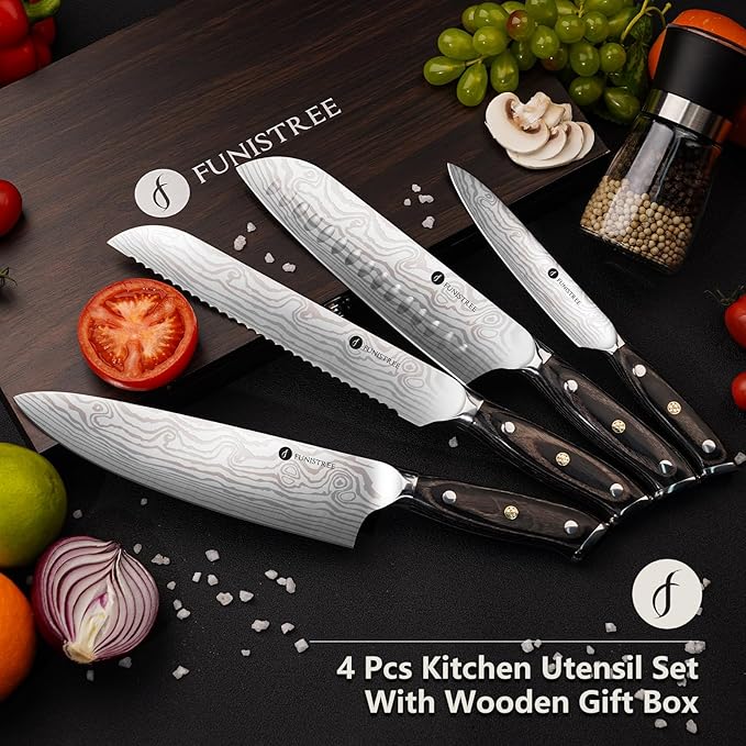 4 Pieces Professional Kitchen Knife Set, Damascus German Stainless Steel Chef Knife Set With Wooden Box, 8" Chef Knife, 5" Utility Knife, 8" Bread Knife, 7" Santoku Knife, Gift for Men Women