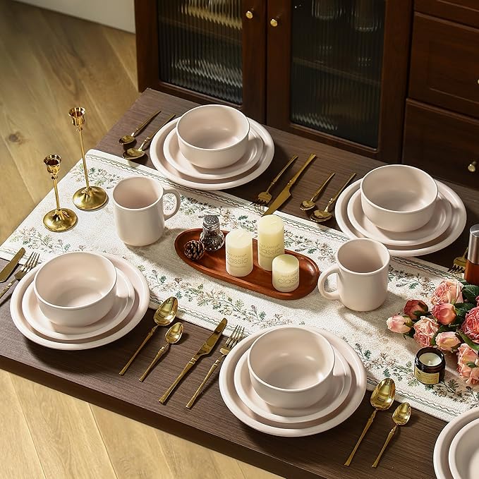 GZG Vintage Series - Ceramic Dinnerware Set for 8, 24 Pieces Stoneware Plates and Bowls Set, Lead-Free, Handcrafted Dishes Set, Microwave & Dishwasher Safe - Cream White