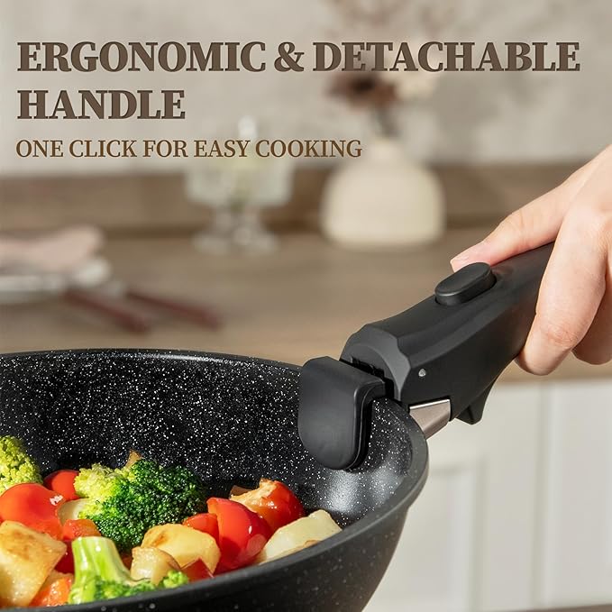 23Pcs Ceramic Cookware Set Non Stick Pots and Pans Set Non Toxic with Detachable Handle Induction Kitchen Cookware Set Space Saving, Oven & Dishwasher Safe, Black
