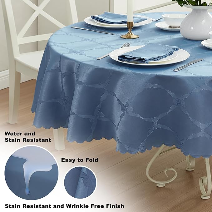 Newbridge Ribbons and Bows Damask Spring & Easter Holiday Fabric Tablecloth, Blue, 60 x 102 Inch Oval, Wrinkle & Stain Resistant Table Cover