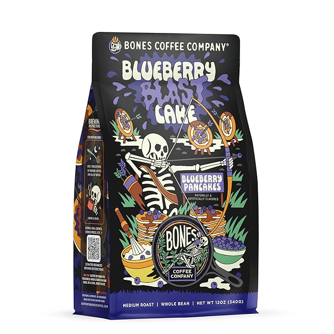 Bones Coffee Company Blueberry Blast Cake, Blueberry Pancakes Flavored Coffee, Medium Roast Low Acid Arabica Beans Compatible with Auto drip and French Press Coffee Maker, 12 Oz Whole Bean