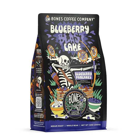 Bones Coffee Company Blueberry Blast Cake, Blueberry Pancakes Flavored Coffee, Medium Roast Low Acid Arabica Beans Compatible with Auto drip and French Press Coffee Maker, 12 Oz Whole Bean