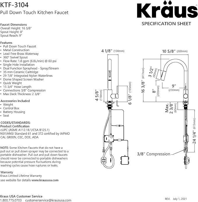 KRAUS Oletto Contemporary Single-Handle Touch Kitchen Sink Faucet with Pull Down Sprayer in Matte Black, KTF-3104MB
