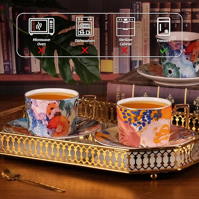 KAMMAK Tea Cups and Saucers Set of 2, Fine Bone China Coffee Cups, 8.5-Ounce Stackable Espresso Mugs, Ceramic Demitasse for Coffee, Cappuccino, Latte, Americano, Tea, Floating World