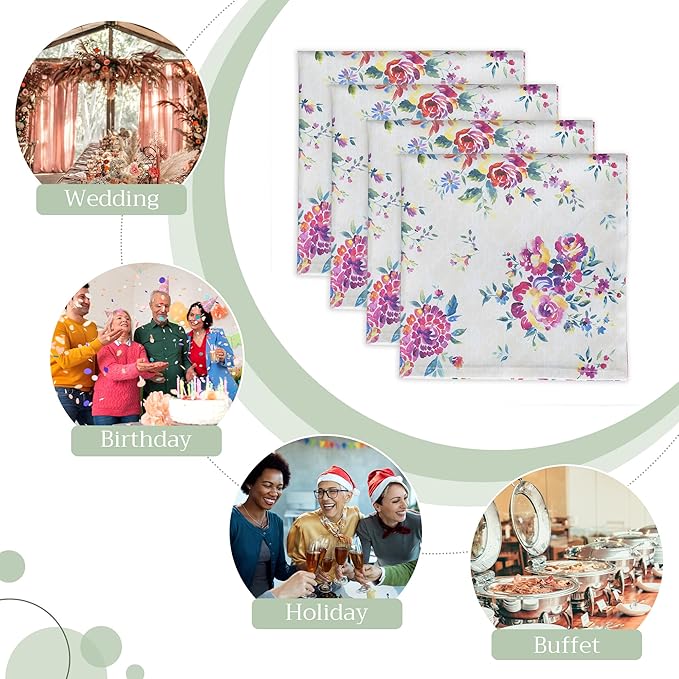 Maison d' Hermine Cloth Napkins Set of 4 100% Cotton Everyday Reusable Square Napkins Cloth Washable Dinner Party Wedding Restaurant Valentines Day Decorations Spring/Summer (Rose Garden, 20" x 20")