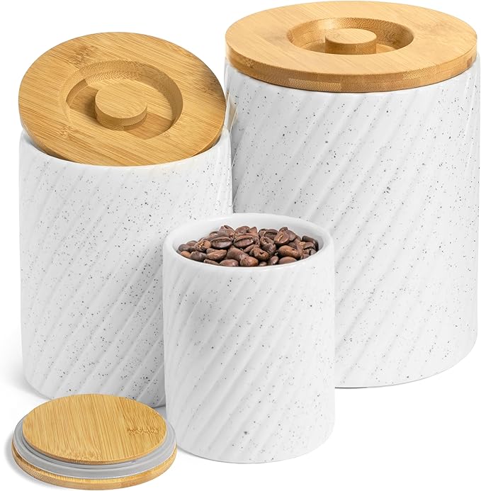 Ceramic Canister Set for Kitchen Countertop & Pantry – 3 Airtight Food Storage Containers for Flour, Sugar & More – Durable White Ceramic with Bamboo Lids