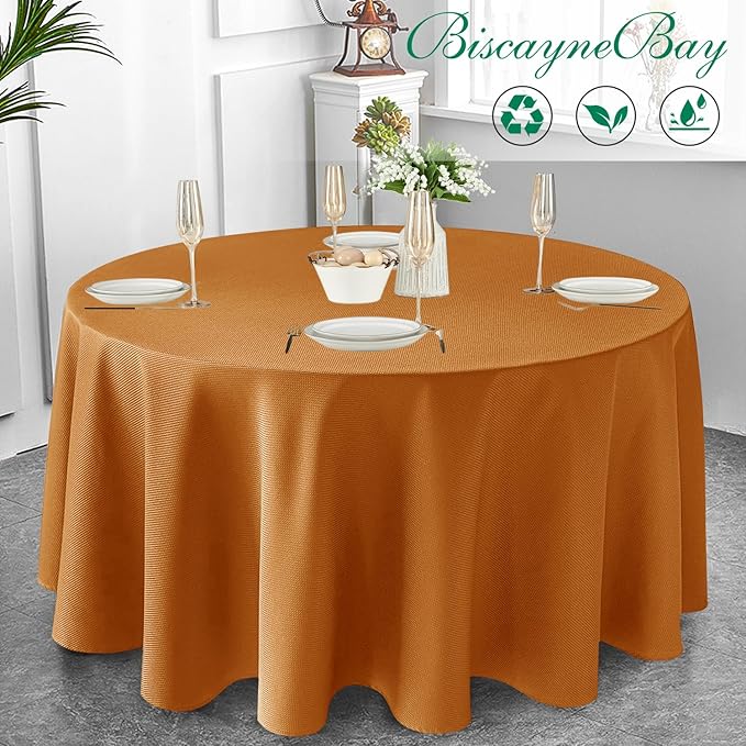 Biscaynebay Fall Tablecloth Textured Fabric Round Tablecloths 90", Bronze Thanksgiving Autumn Harvest Water Resistant Fabric Tablecloths for Kitchen, Dining, Wedding, Parties Machine Washable