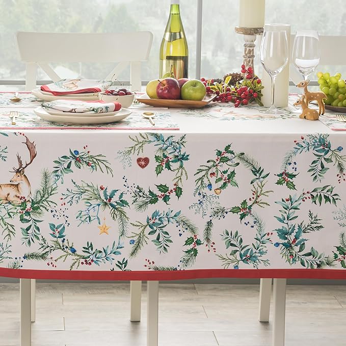 Maison d' Hermine Table Cloth Rectangle Table 100% Cotton 70 x 120 Inches Fall Tablecloth Reusable Everyday Use for Thanksgiving Christmas Decorations Dining Farmhouse Party (Holly Time)