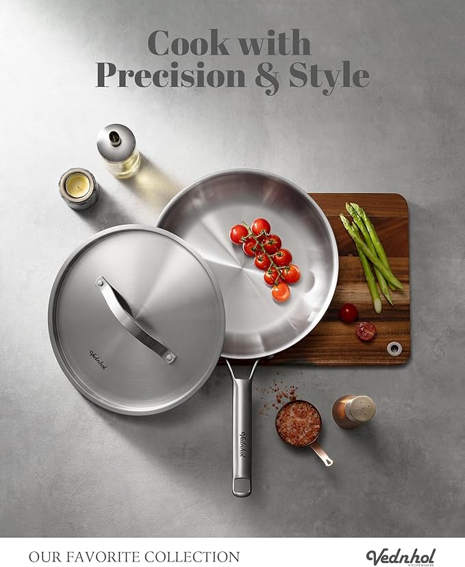 Stainless Steel Frying Pan with Stainless Steel Lid 12 Inch,Tri-Ply Stainless Steel Skillet,Brushed Steel Pan for Cooking,Dishwasher and Oven Safe,Induction&All Stove Compatible
