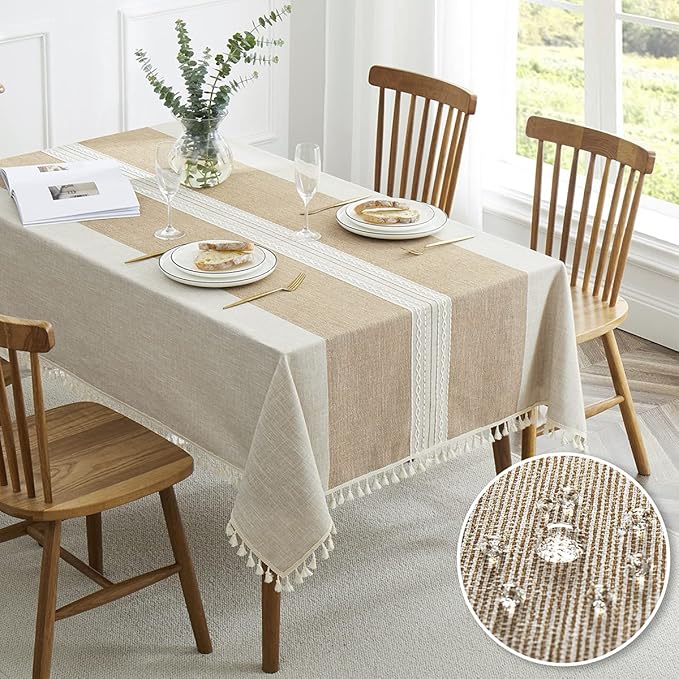 QIANQUHUI Embroidered Tablecloth for Dining Table,Dust Proof Spillproof Soil Resistant Cotton Linen Rectangle Table Cloths (Coffee, Rectangle/Oblong, 55'x120'', 10-12 Seats)