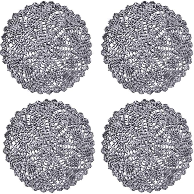 BIBITIME Pineapple Flower Lace Doilies Handmade Crochet Placemats Table Coasters Vintage Wedding Party Decor (Dark Grey, 11 to 12 inches-4PCS)