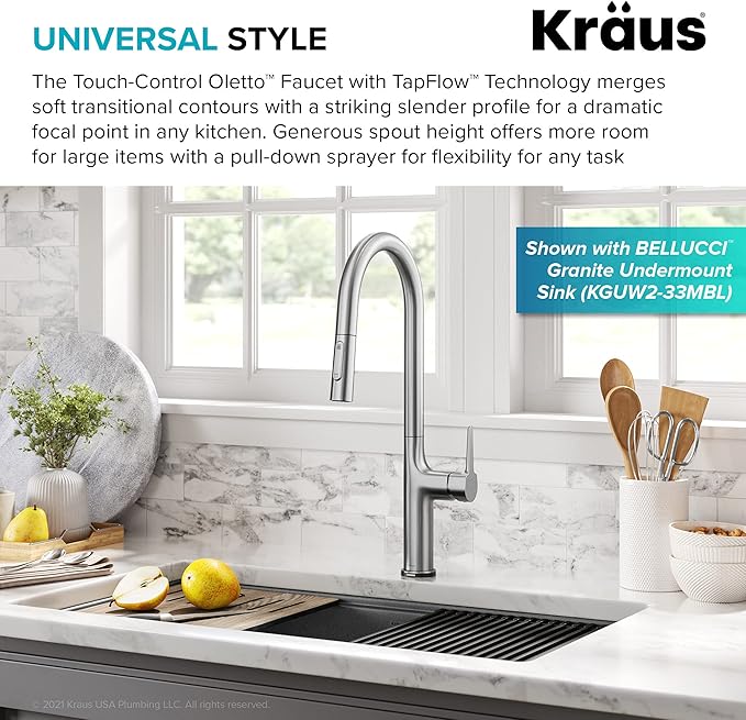 KRAUS Oletto Tall Modern Single-Handle Touch Kitchen Sink Faucet with Pull Down Sprayer in Spot Free Stainless Steel, KTF-3101SFS