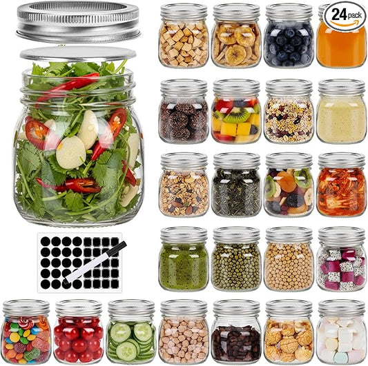 10 oz Glass Mason Jars, 24 Pack Clear Glass Jars with Regular Lids, Canning Jars for Honey, Yogurt, Wedding Favors, Food Storage, Vegetables, Includes 40 Black Labels