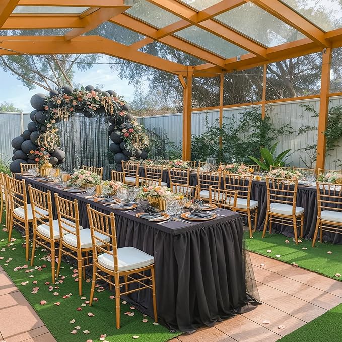 2 Pack Black Tulle Tablecloths for 8 Foot Rectangular Tables, 8ft Black Rectangle Table Cloths, Wrinkle Free Table Cover with Tutu Skirt for Wedding Birthday Party Banquet Buffet Event Decorations