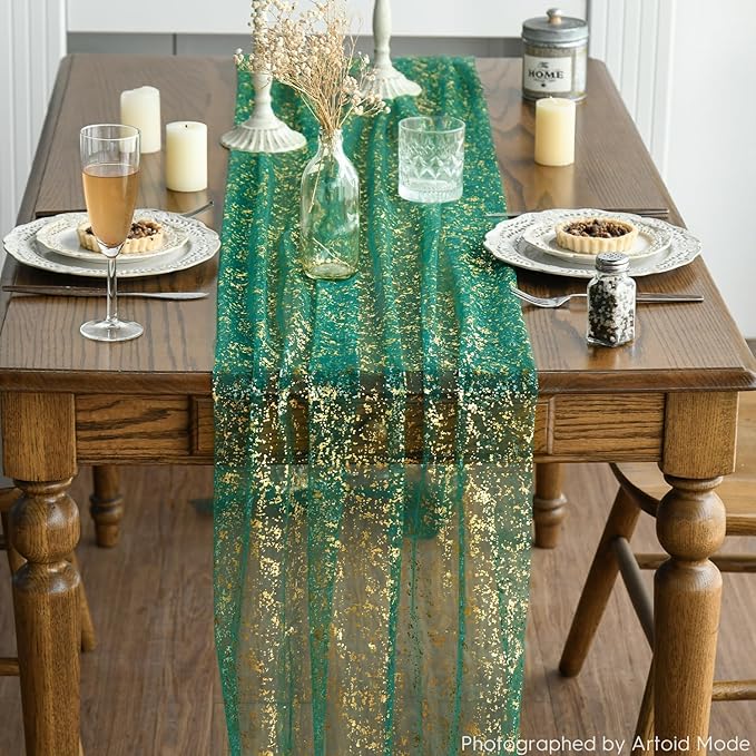 Artoid Mode Green Gold Gauze Table Runner 120 Inch 10Pcs, Glitter Metallic Foil Sheer Dining Wedding Anniversary Holiday Table Decor for Home Party