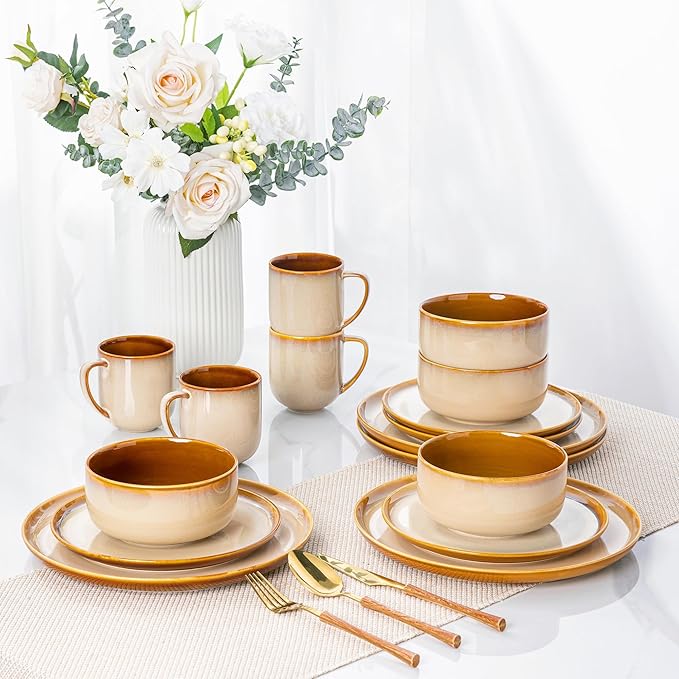 LeRatio Ceramic Dinnerware Sets for 4,12-Piece Plates and Bowls,Handmade Reactive Glaze Dishes Set,Chip Resistant and Scratch Resistant | Oven Dishwasher & Microwave Safe,Service for 4-Kahki
