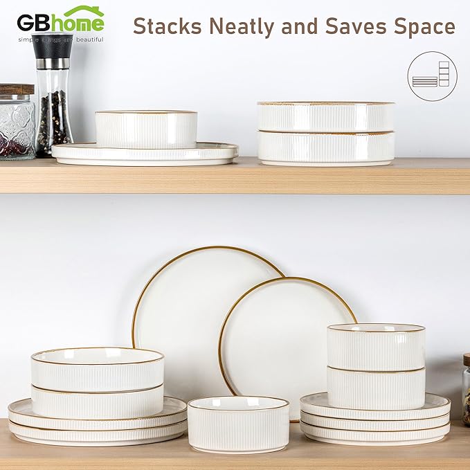 GBHOME 12-Piece Stoneware Dinnerware Set for 4 – Ribbed Ceramic Plates and Bowls, Scratch-Resistant, Microwave & Dishwasher Safe, Reactive Glaze, White with Honey-Brown Edge