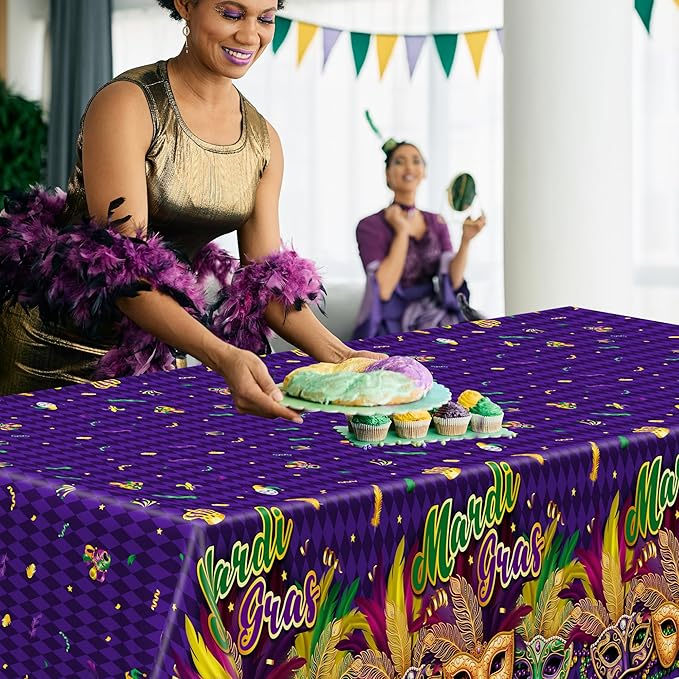 3 Pcs Mardi Gras Decorations, 54 X 108 Inches Rectangular Mardi Gras Tablecloth, Plastic Purple Table Cover With Masquerade Mask Design, Fat Tuesday Tablecover For Masquerade Party Picnic Dinner Decor