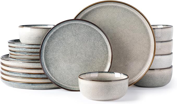 GBHOME Ceramic Dinnerware Sets for 6, 18 Pieces Stoneware Plates and Bowls Sets, Reactive Glaze Dishes -Scratch Resistant, Dishwasher&Microwave Safe, Green Wheat
