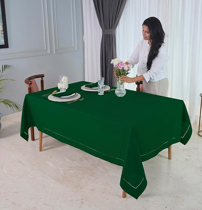 D'Moksha Homes Forest Green Linen Tablecloth for Rectangle Tables 60 x 84 Inch - Classic Hemstitch 100% Pure Linen Green Table Cloth - Machine Washable Dining Tablecloth for St Patricks Day, Easter