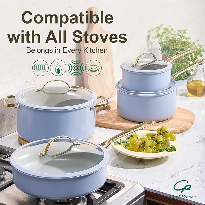 Chef Power Ceramic Cookware Sets, 10Pcs Pots and Pans Set Non Stick, Cookware Set with Stainless Steel Handle, Dishwasher & Oven Safe, Blue Gray and Granite Grey