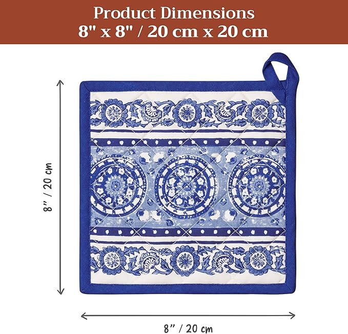 Maison d' Hermine Pot Holders 100% Cotton Heat Resistant Potholders 8" x 8" Hot Pads with Loop BBQ, Cooking, Baking, Grilling, Kitchen, Handling Hot Pans Spring/Summer (Pack of 1, Melodie Bleue)