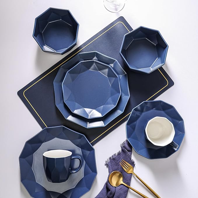 Stone + Lain Jamie Porcelain 16-Piece Geometric Dinnerware Set, Blue