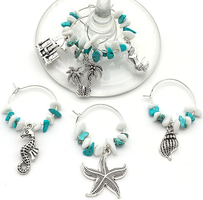 Serendipity Beach Wine Glass Charms - Coastal Seashell Starfish Palm Tree Mermaid Nautical Summer Ocean Tropical Party Décor