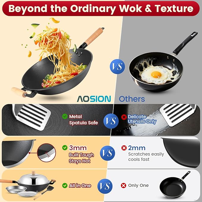 AOSION 13'' Nonstick Wok, Cast Iron Wok with Lid, 5 PCS Wok Pan & Stir-Fry Pans Set with Oil Filter Tray and Spatula, No Chemical Coated Flat Bottom Chinese Woks Pan for All Stoves
