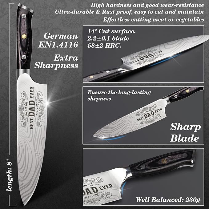 Dad Gifts from Daughter Wife Son, Best Dad Ever Kitchen Knife Gift Set with Wooden Box, Dad Valentines Day Birthday Gift Ideas, 8" Professional Chef Knife, Dads Birthday Gift for Men Husband