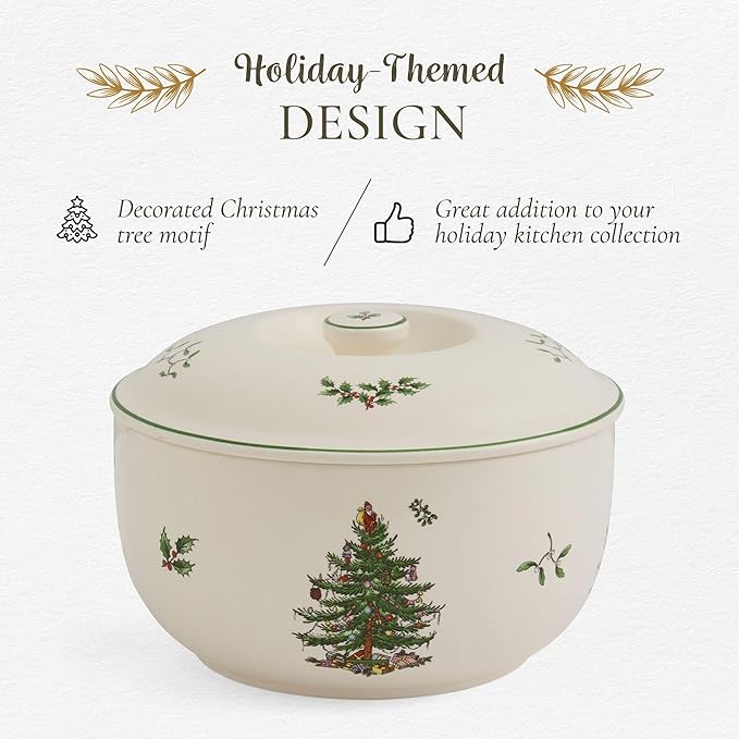 Spode Christmas Tree 1 Quart Round Casserole Dish with Lid - Stoneware Baking Dish for Holiday Desserts - Oven to Table Bakeware & Dishwasher Safe - Festive Holiday Serveware for Christmas Table