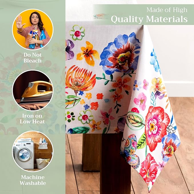 Maison d' Hermine Table Cloth Square Table 100% Cotton 54 x 54 Inches Tablecloth Reusable Decorative for Dining Room Farmhouse Home Valentines Day Decorations Spring Summer- Happy Florals -High Summer