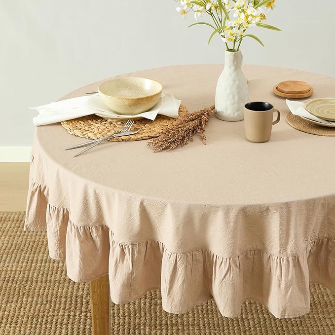 MONDAY MOOSE Ruffle Farmhouse Rustic Round Natural Stonewashed Cotton Tablecloth for Kitchen, Dining Room, Restaurant (60" Round, Natural)